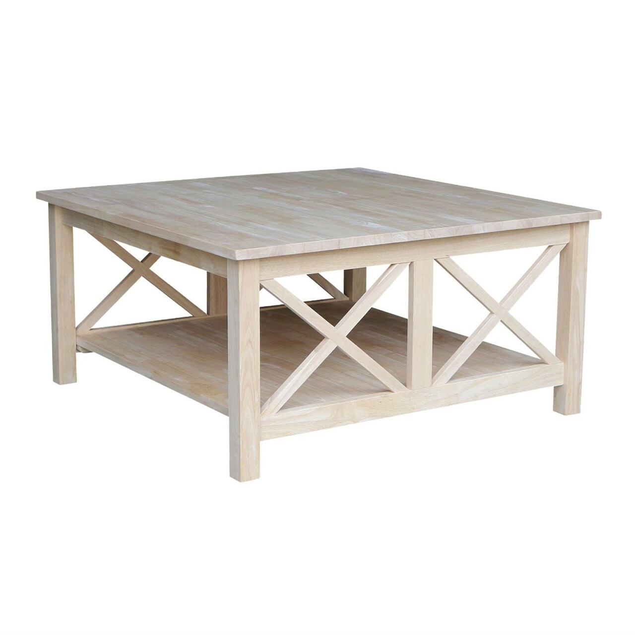36-Inch Square Unfinished Solid Wood Coffee Table with Storage Shelf and X Frame Design